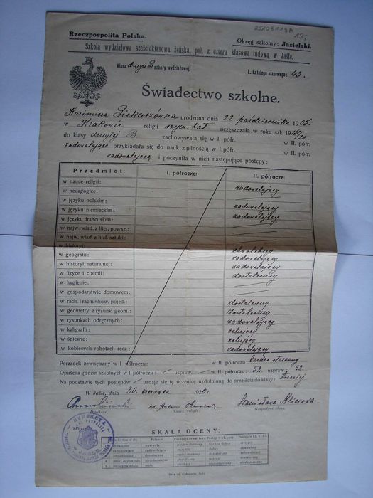 Jasło - Szkoła wydziałowo ludowa w Jaśle 1919/20 - świadectwo szkolne