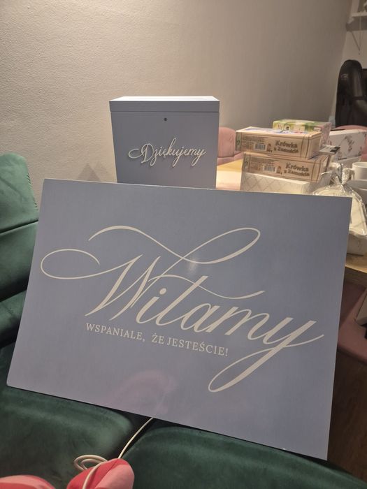 Zestaw weselny pudło na koperty, tablica powitalna, stelaż