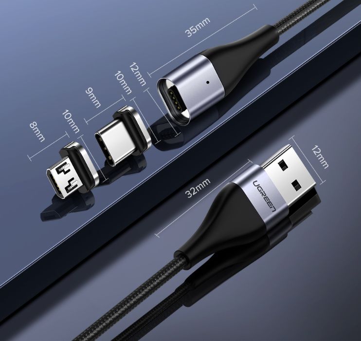 Магнитный кабель Ugreen Type-C + Micro USB для быстрой зарядки 1m  3А