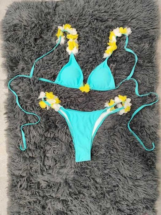Shein XS 34 bikini strój kąpielowy dwuczęściowy turkusowy kwiaty