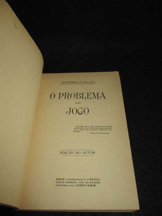 Livro O Problema do Jogo Victorino Coelho 1ª edição 1913 Muito Raro