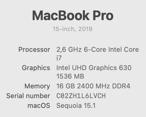 MacBook Pro 15” (2019) i7 / 16GB / 250GB SSD