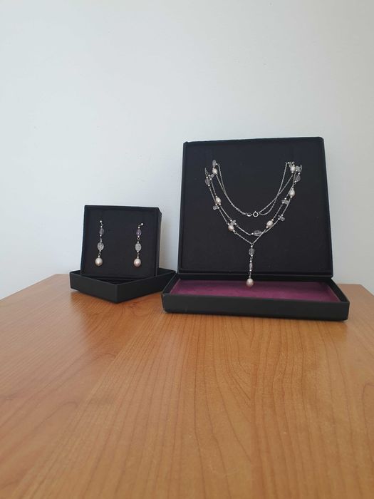 Zestaw Komplet: naszyjnik kolczyki Serbro 925 Perły i Ametysty