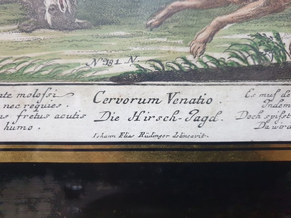 Antiga serigrafia com motivo de caça emoldurada