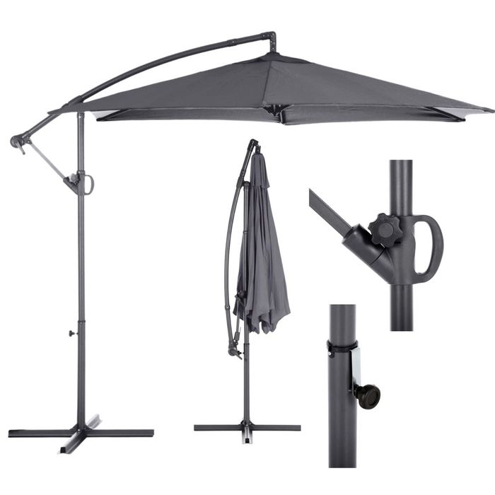 Parasol ogrodowy boczny wiszący 300 cm z korbą, szary NOWY