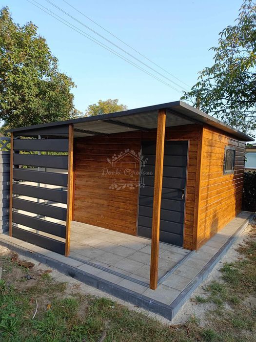 domek ogrodowy 3,5x3m + wiata 2m okno drewnopodobny antracyt  ID756