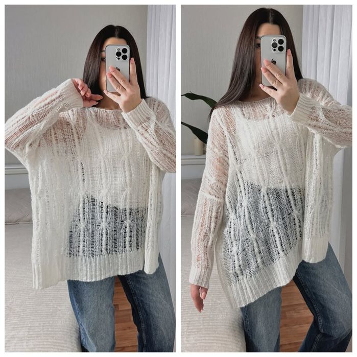 PRIMARK Premium M-XL ażurowy sweter z wełną i alpaką oversize ecru