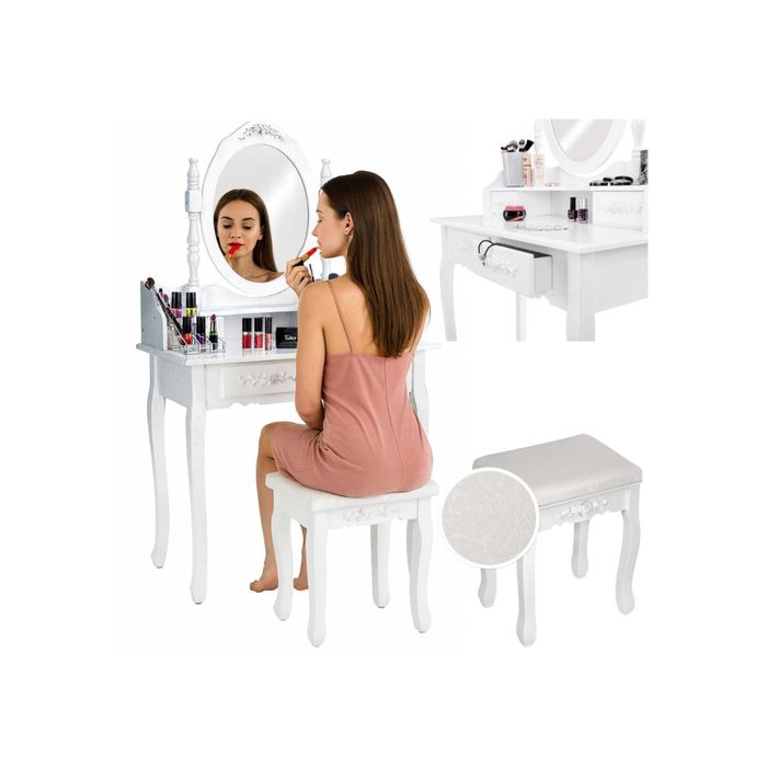 TOALETKA KOSMETYCZNA z Lustrem Biała Dla Dziewczynki Kobiety + Taboret