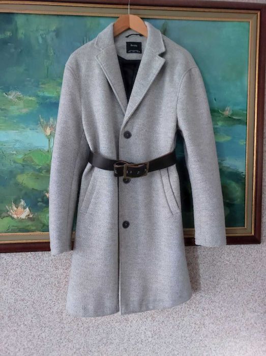 Bershka płaszcz klasyczny prosty luźny jodełka elegancki ciepły