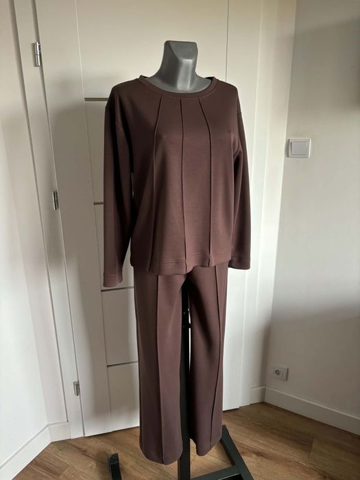 Czekoladowy brązowy komplet damski dresowy velnica made in Poland M bluza oversize i spodnie z szeroką nogawką