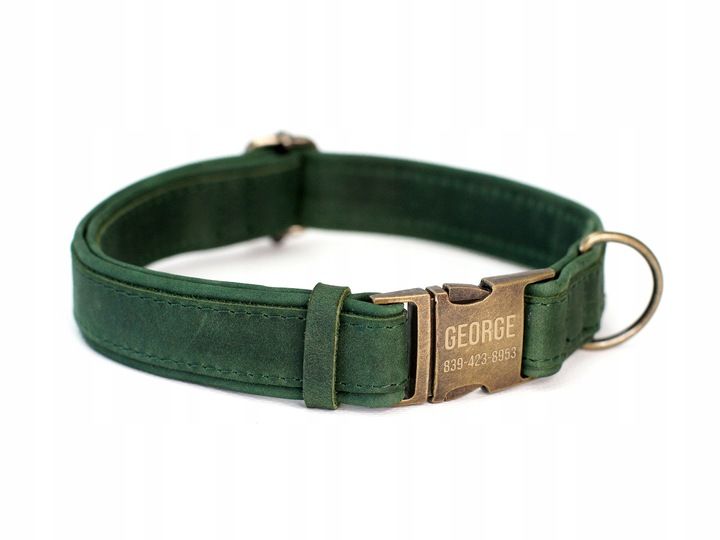 Grawerowana Obroża Dla Psa Skórzana Z Metalową Klamrą, Zielony Kolor