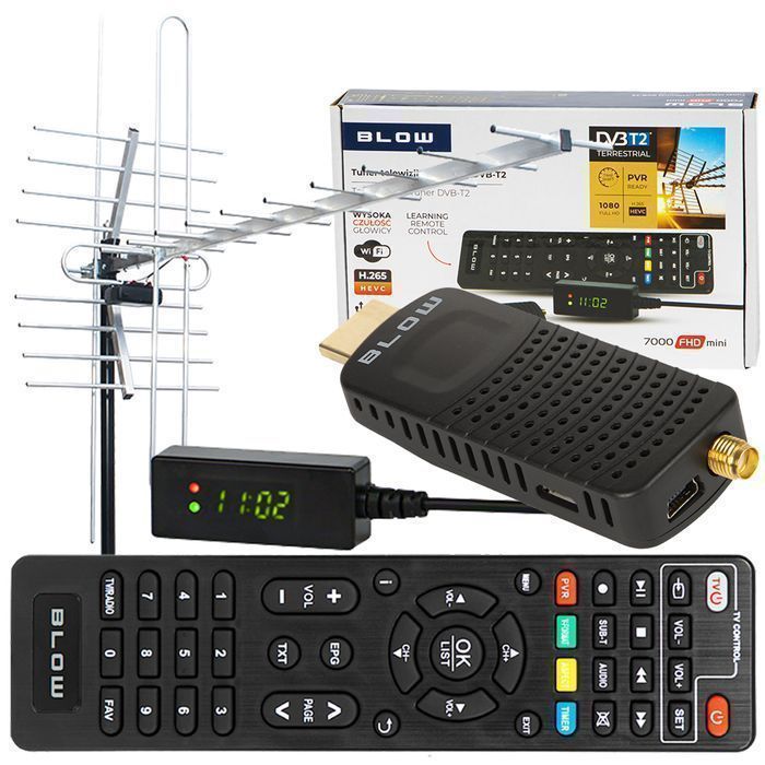 Tuner DVB-T2 BLOW 7000FHD MINI H.265 HEVC + antena kierunkowa VHF/UHF