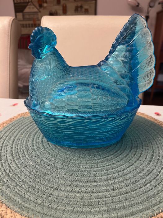 Duża Kura szklana turkusowa niebieska HSG Ząbkowice, PRL, new look