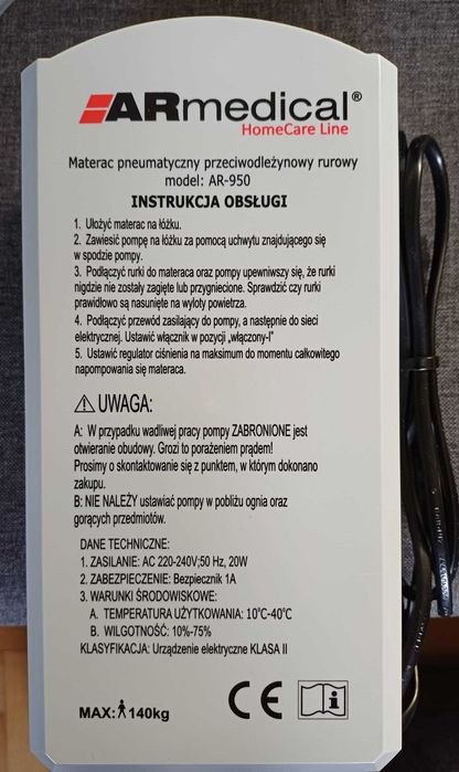 Materac pneumatyczny przeciwodleżynowy rurowy