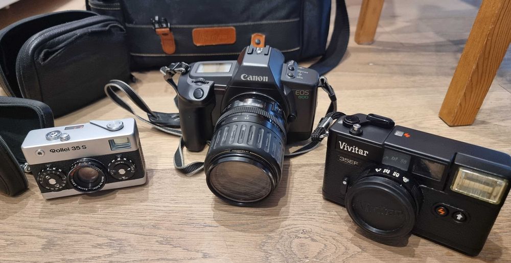 Zestaw dla fotografa Rollei35T/Vivitar35EF/CanonEOS600+obiektyw bdb całość