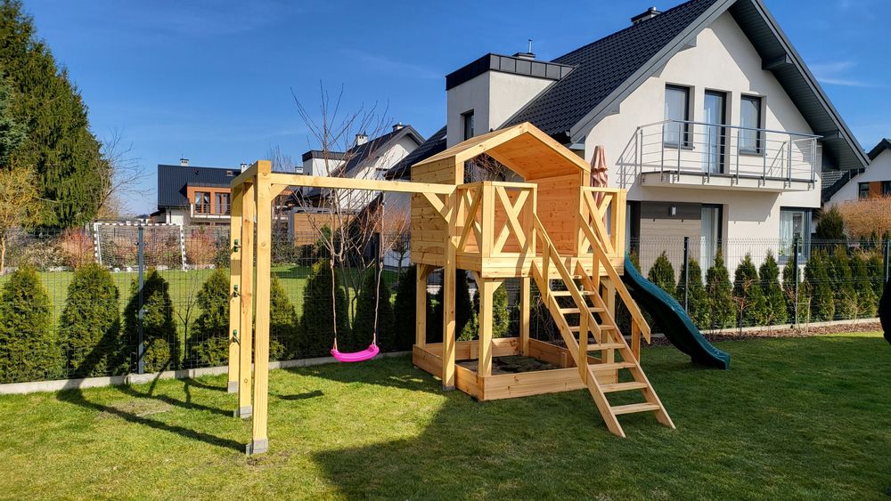 Duży Drewniany Domek dla Dzieci WENUS Plus Huśtawka, Zjeżdżalna