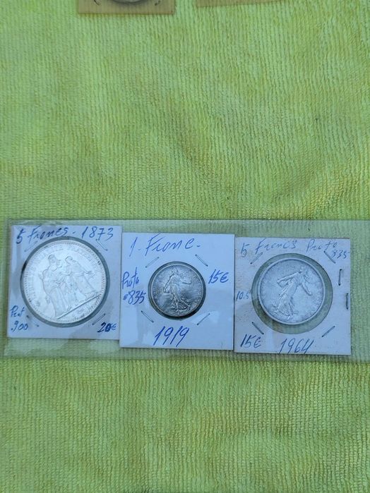 Prata 5 Francs 1873 ,1 Francs 1919, 5 Francs 1964