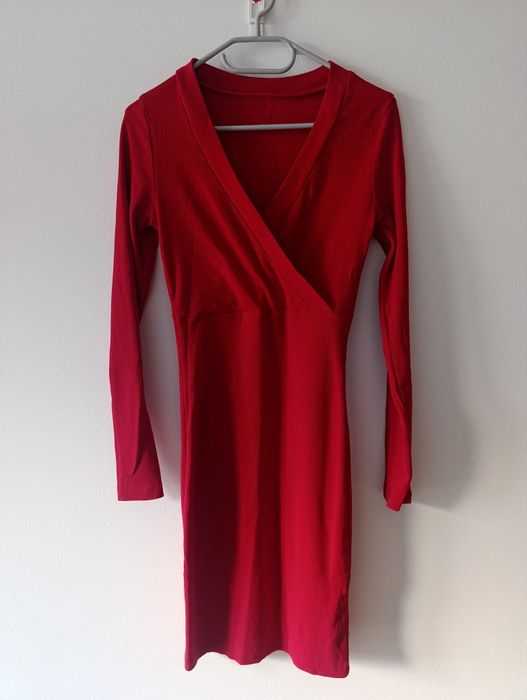 Damska czerwona seksowna sukienka, czerwona, dekolt V, Small Size, S,M