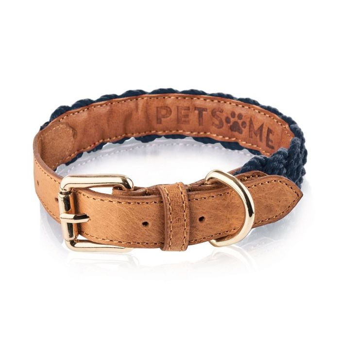 niebieska skórzana obroża dla psa rozmiar l pleciona petsome 12p07l