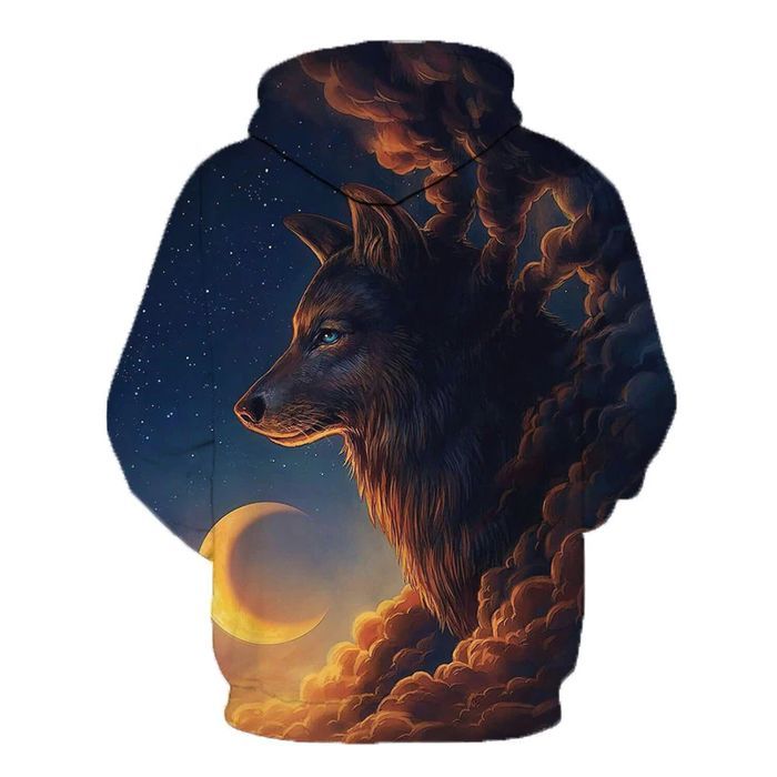 Męska Bluza z Kapturem WILK, Motyw Wilka i Księżyca Nadruk 3D - L