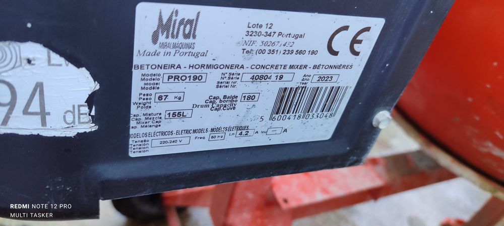 Betoneira Miral PRO 190 – 155L (Como Nova / Pouco Uso)
