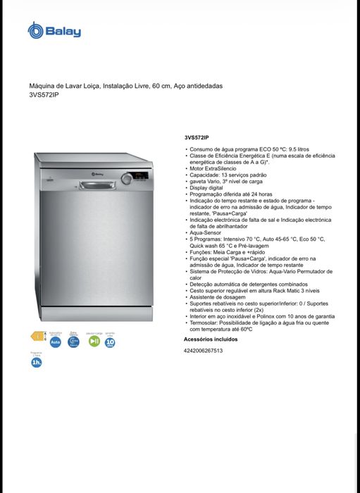 Máquina de Lavar Loiça, Instalação Livre, 60 cm, Aço antidedadas 3VS572IP