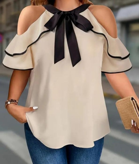 Елегантна блуза для жінок плюс-сайз з відкритими плечима, оборками та