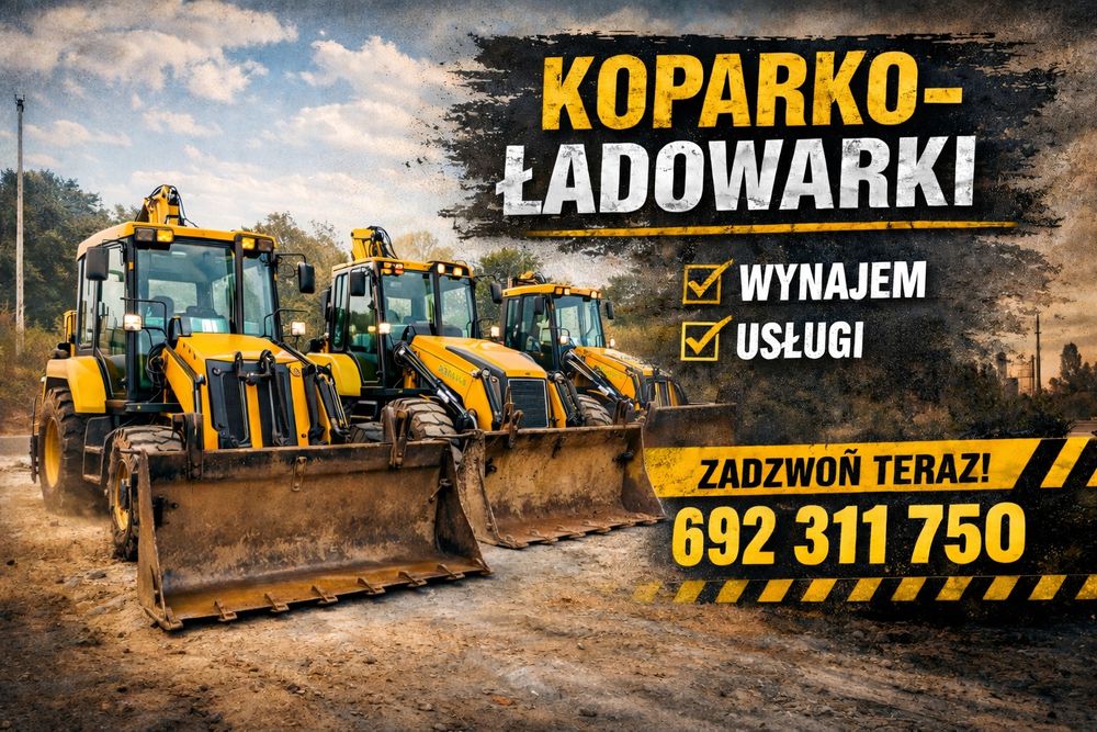 Koparko-ładowarka Usługi Wynajem Roboty Ziemne Wykopy Koparka