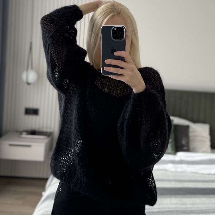 Светр чорний вовняний мохеровий павутинка хмаринка оверсайз ручна робо