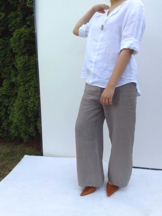 Lniany komplet szerokie spodnie koszula 100% len puro lino S M L uniwe