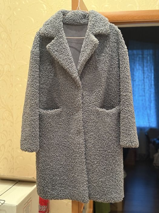 Пальто шубка серо-голубая