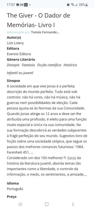 Livro The Giver - Livro I. O Dador de memórias.