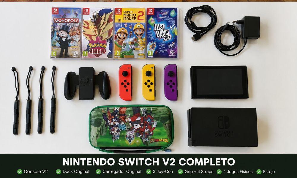 Nintendo Switch V2 Completo + 4 Jogos + 3 Joy-Cons + Dock Original