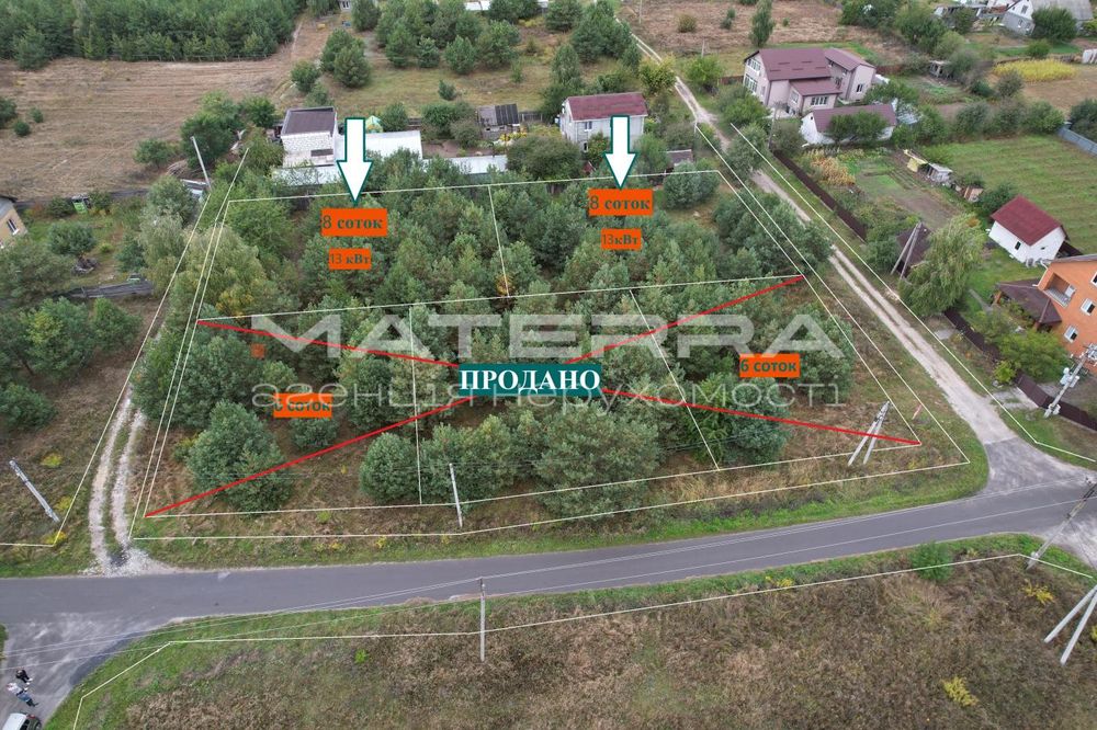 Глеваха - Малютянка Продаж ділянки по 8 соток зі світлом 13 кВт