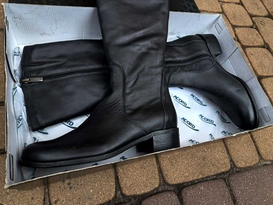 NOWE Buty-Kozaki OFICERKI Damskie-40 Naturalna Skóra 100% CZARNE Gw.6m