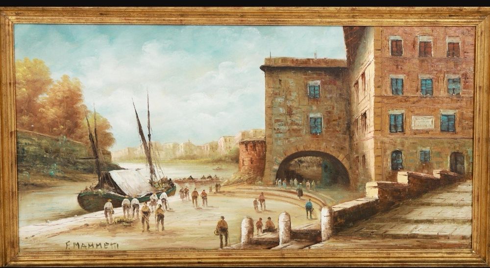 Quadro Paisagem Italiana com figuras, casario e rio