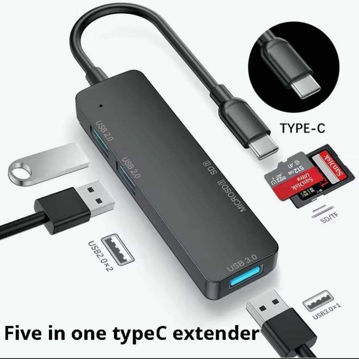 USB-C Хаб 5-в-1: Адаптер Type-C на 4 USB и Кардридер