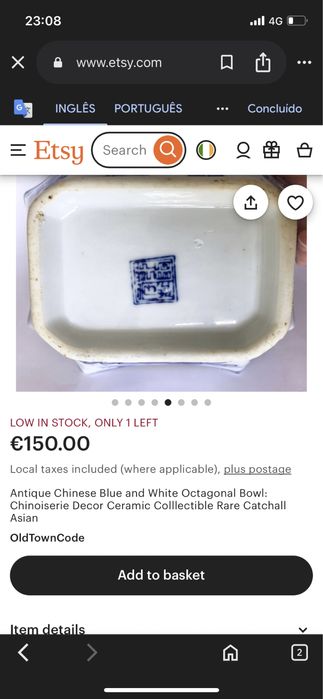 Tigela Octogonal Azul e Branca Chinesa Antiga seculo 19