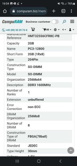 2x 2GB DDR3 1600Mhz PC3-12800S
