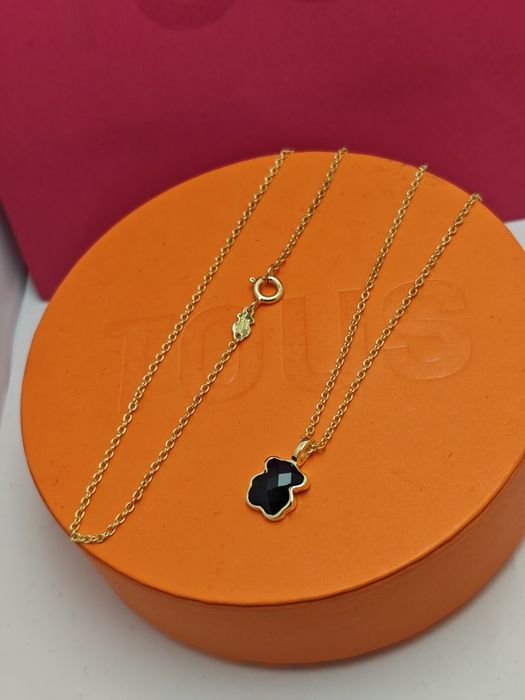 Naszyjnik z misiem żółte srebro vermeil 925 z onyksem