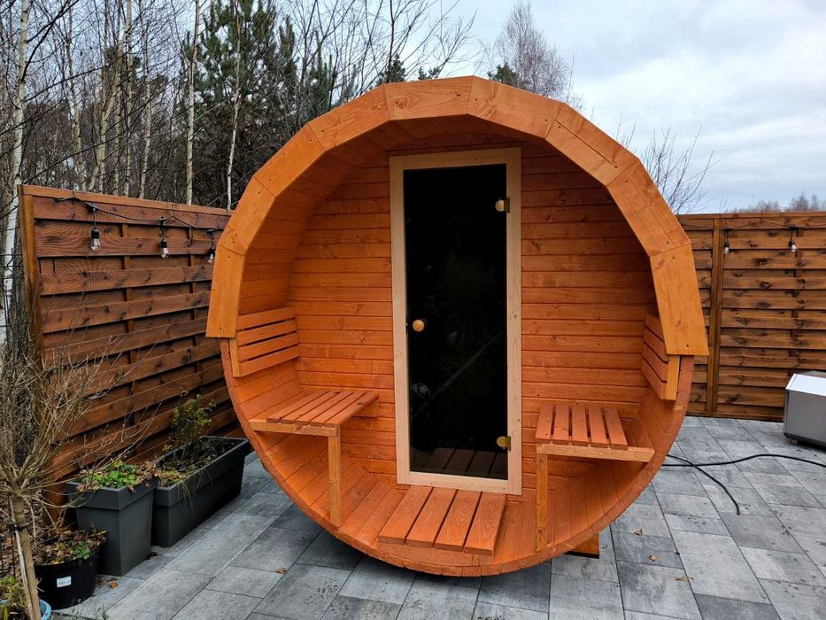 Sauna ogrodowa typu beczka z przedsionkiem-PRODUCENT
