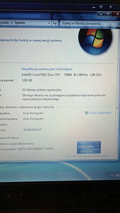 Acer Extensa 5620 C2D 2 x 2 ghz 3 gb 64 ssd 15 cali dvd firewire nowa bateria Windows 7 Pro zasilacz