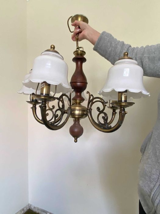 Candeeiro de teto vintage com 5 lâmpadas, em metal e madeira