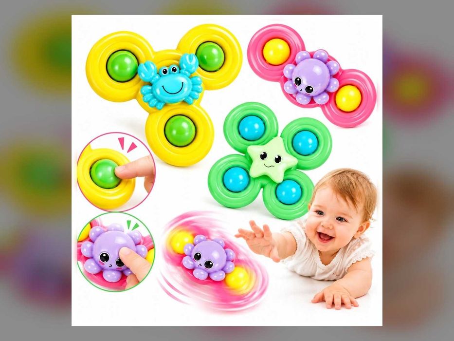 Nowy Spinner Sensoryczny dla Niemowląt 3 szt Zabawka do Kąpieli Przyssawka Obrotowa Wanna