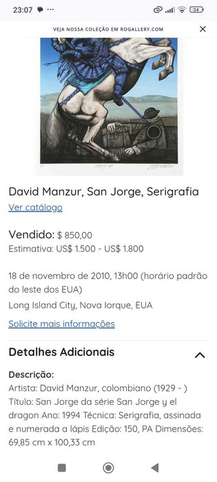 São Jorge com Dragão David Manzur 1994 Assinado e Datado