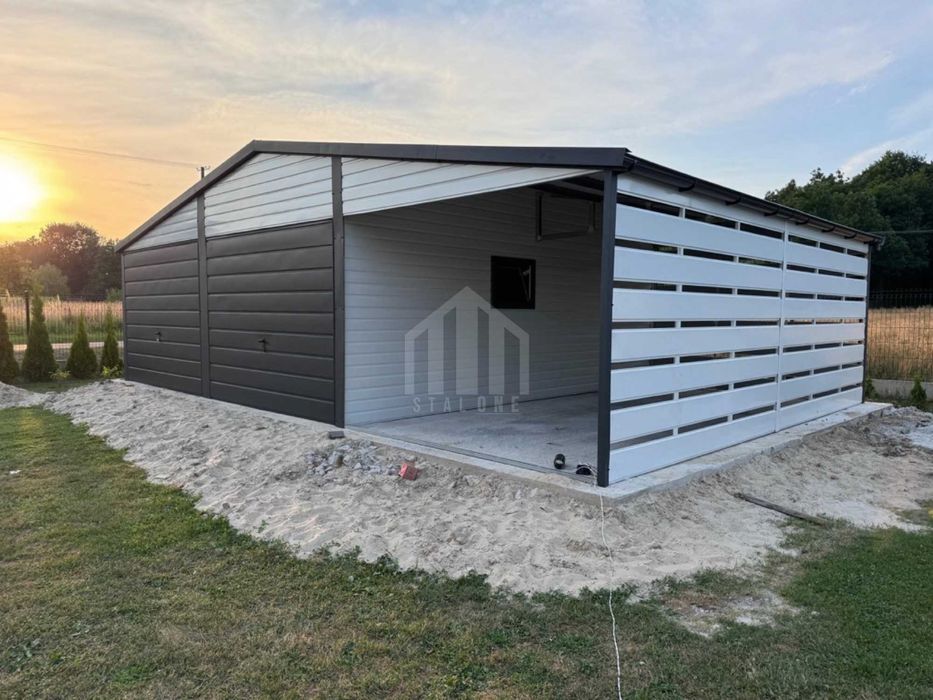 Garaż blaszany 6x5m + wiata 3m - 2x brama okno biały dach rynny SO131
