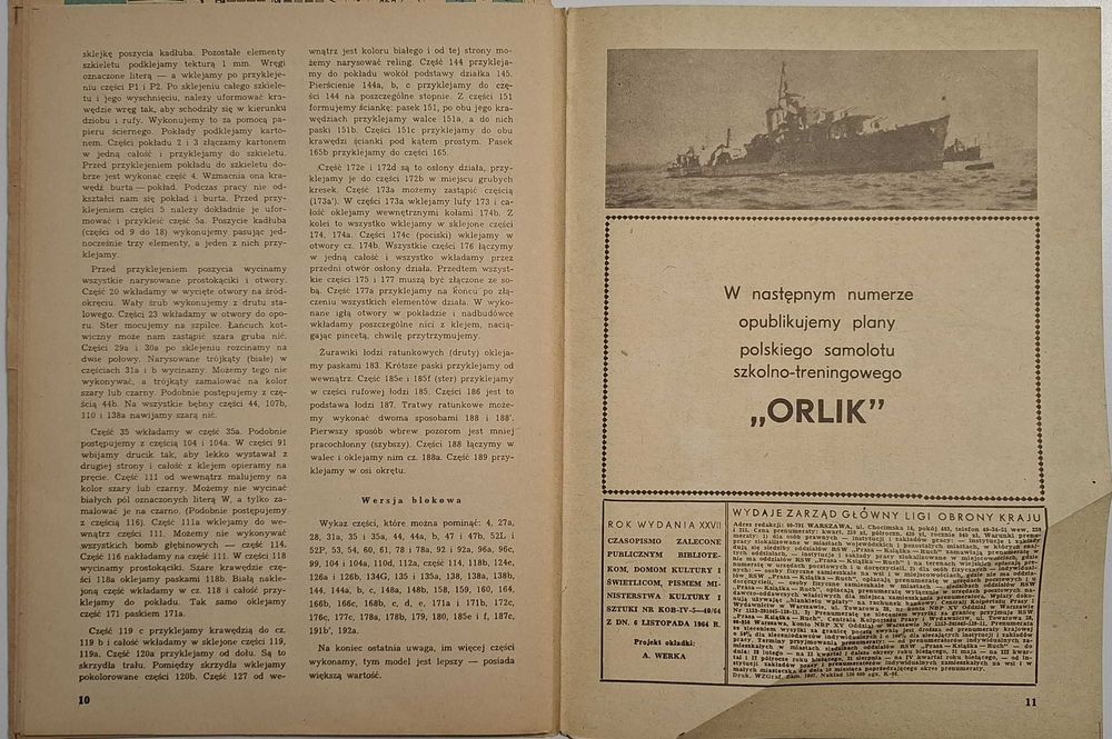 Mały Modelarz 1-2/88 Niszczyciel ORP Piorun Skala 1:200 Kompletny