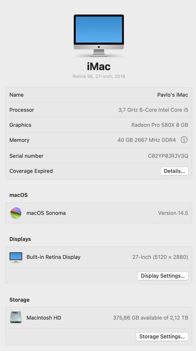 iMac 27" 2019 i5 580x 2TB (MRR12)