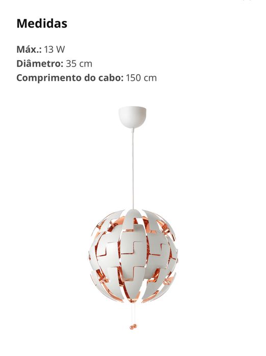Candeeiro IKEA PS 2014 – branco e cobre, design retrátil