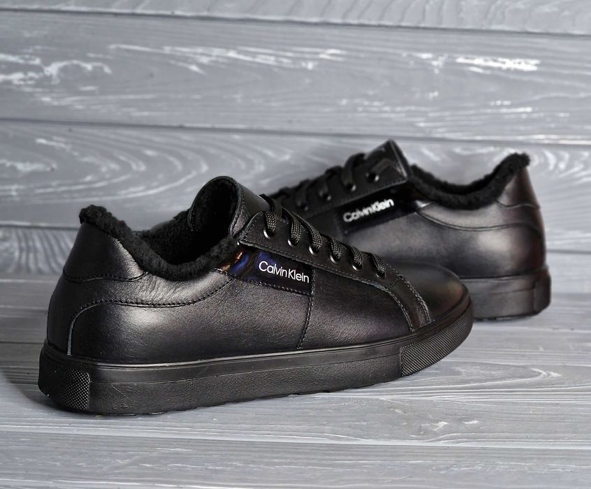 Кожаные замшевые мужские черные зимние низкие кеды кроссовки на меху!